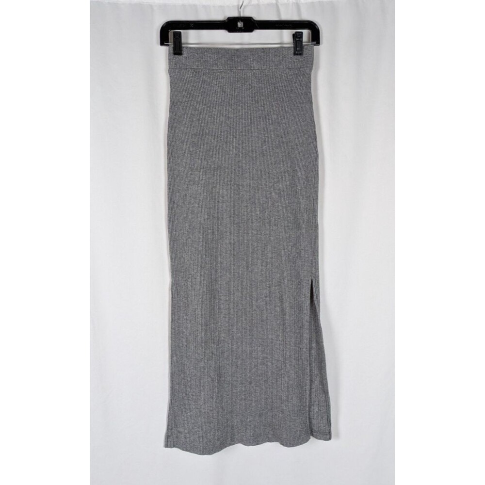 OGL Move Small Gray Ribbed Knit Side Slit Pencil Midi Skirt Pull On Quiet Luxury